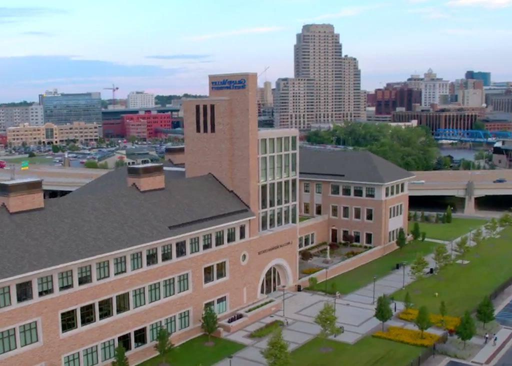 The exterior of Seidman with the city of Grand Rapids in the background.